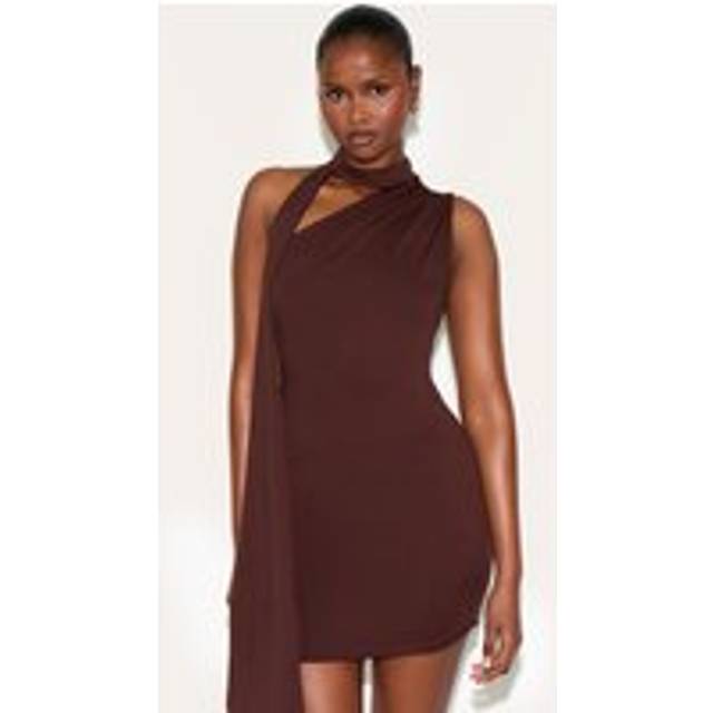 Chocolate Soft Touch One Shoulder Wrap Detail Mini Dress, Chocolate - 14