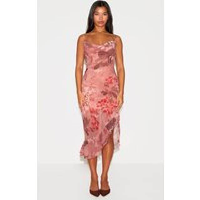 Mushroom Chiffon Floral Cowl Neck Midi Dress, Mushroom - 16