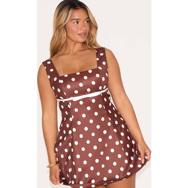Shape Chocolate Polka Dot Square Neck Bow Detail A-line Mini Dress, Chocolate - 14