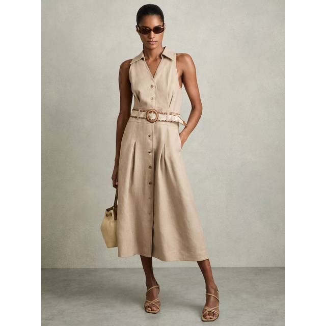 Annie Linen Belted Dress - Neutral - Beginning with men's tailoring in 1970's London, Reiss' design philosophy has endured for over five decades, maintaining the distinctive tailoring, sharp cuts, and contemporary prints it has become famous for to create investment pieces destined to stay in your wardrobe for seasons to come.