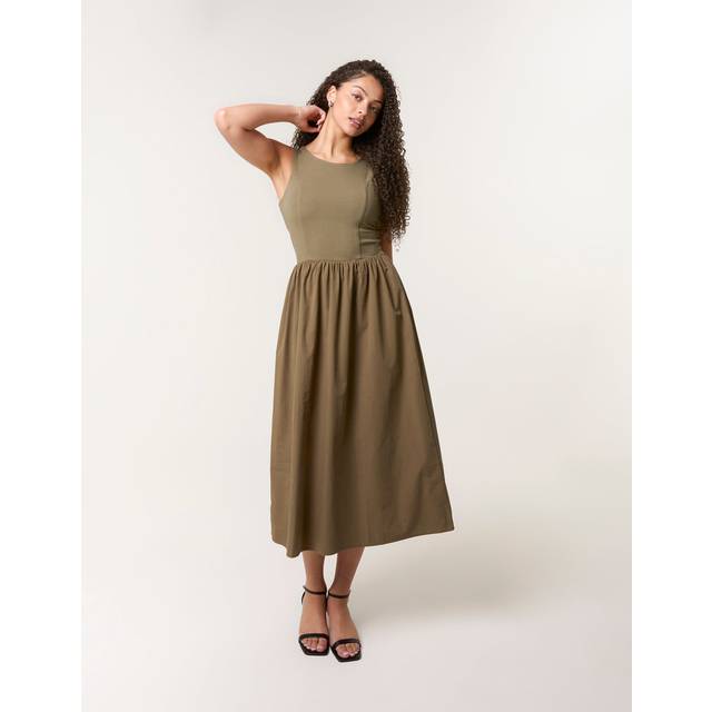 Blue Vanilla Khaki Mix Fabric Midi Dress - m