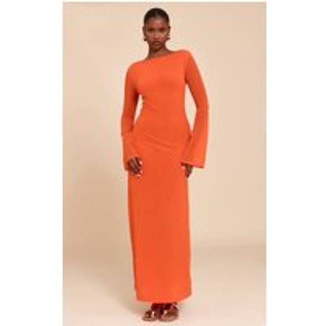 Red Chiffon Boat Neck Long Sleeve Maxi Dress, Red - 12