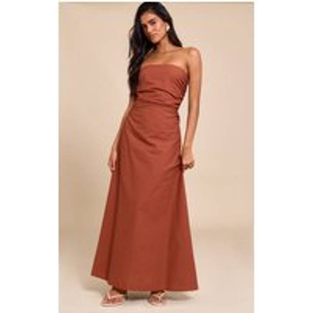 Rust Bandeau Ruched Waist Detail Maxi Dress, Orange - 4