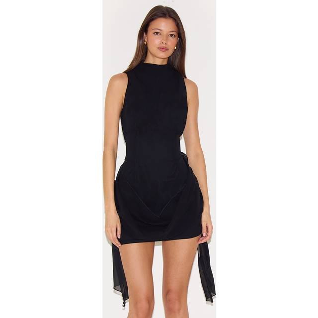 Black Chiffon Boat Neck Drape Detail Mini Dress, Black - 16
