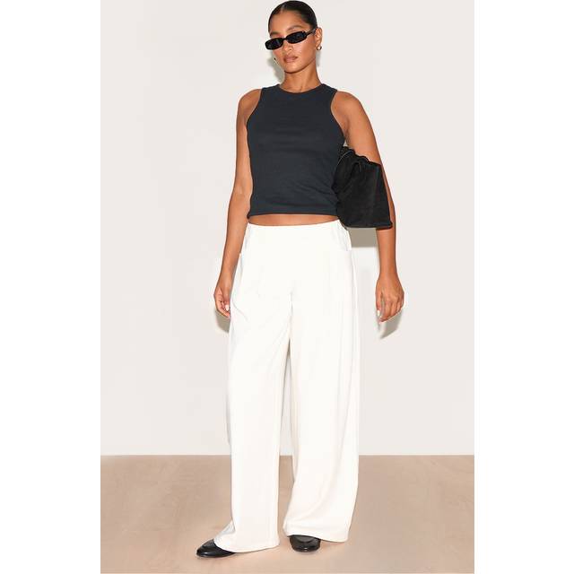 Cream Stretch Waistband Detail Tailored Trousers, White - 12