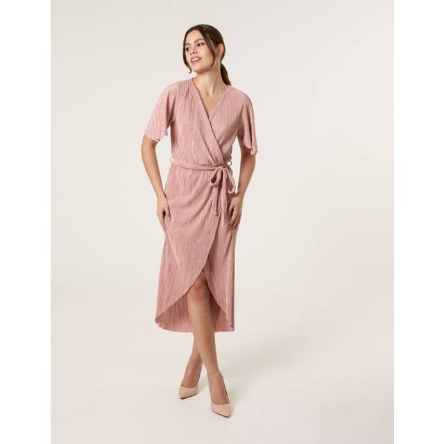 Plisse Wrap Over Midi Dress - 12 / DUSTY PINK