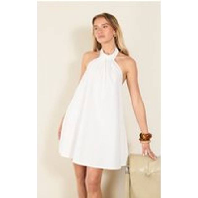 White Linen-Blend Ruched Halterneck Shift Dress, White - 12