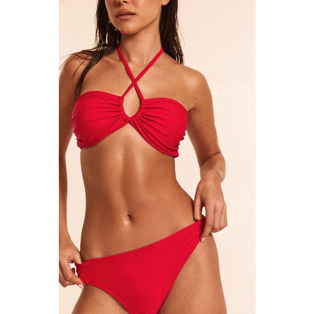 Red Ruched Halter Neck Bikini Top, Red - 16