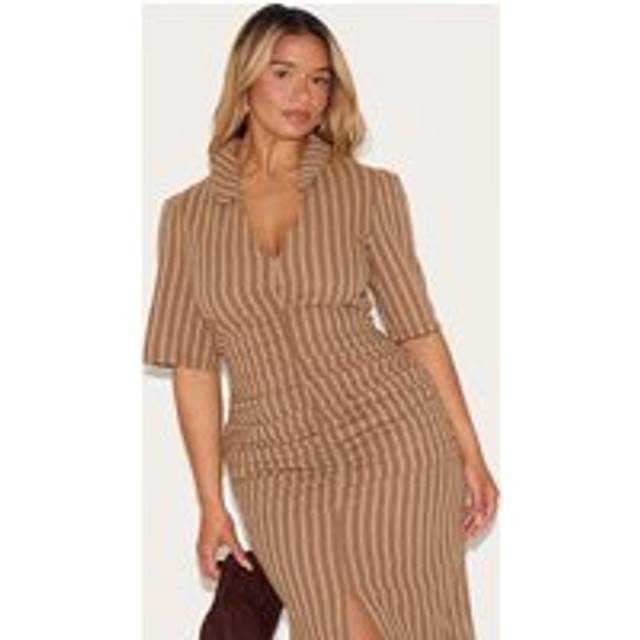 Shape Brown Striped Ruched Front Collared Split Front Maxi Dress, Brown - 14