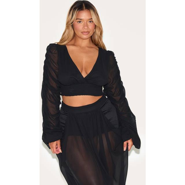 Shape Black Chiffon Balloon Sleeve Plunge Front Cinched Waist Blouse, Black - 8