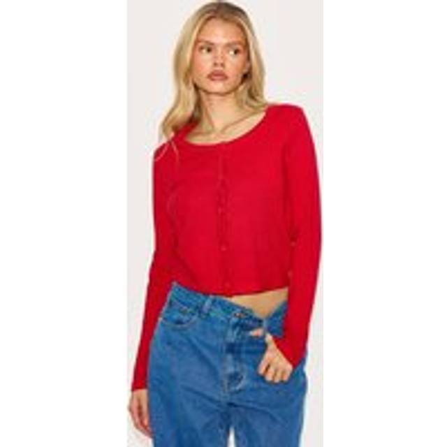 Red Fine Knit Button Up Cardigan, Red - L