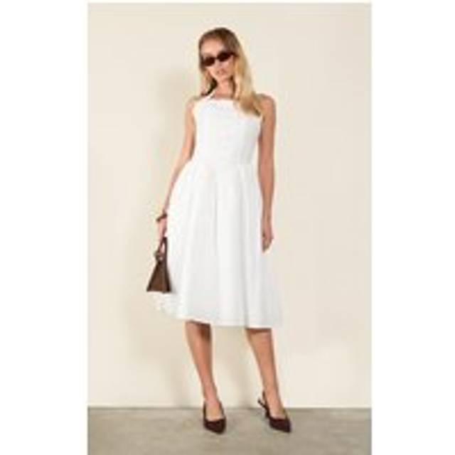 White Embroidered Cotton Halterneck Midaxi Dress, White - 6