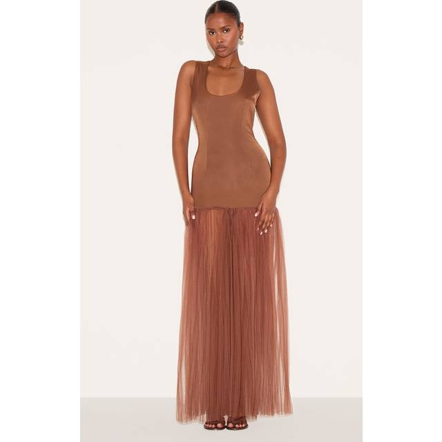Chocolate Scoop Neck Drop Waist Maxi Dress, Chocolate - 10