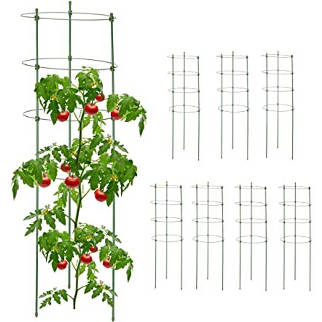 Relaxdays Växtstöd set om 8, metall och plast, 90 cm hög, 4 justerbara ringar, klättringsstöd, klätterväxter, grön
