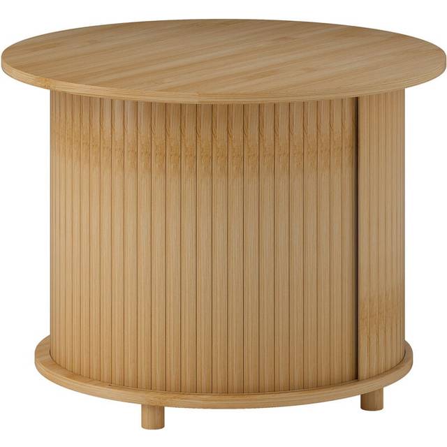 HOMCOM Runt soffbord vardagsrumsbord i bambu sidobord med dold förvaring och skjutdörr, soffbord vardagsrum och hemmakontor, dim. Ø 60 x 45 h, naturligt trä