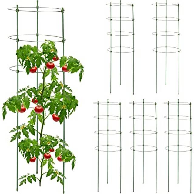 Relaxdays Växtstöd set om 6, metall och plast, 90 cm hög, 4 justerbara ringar, klättringsstöd, klätterväxter, grön