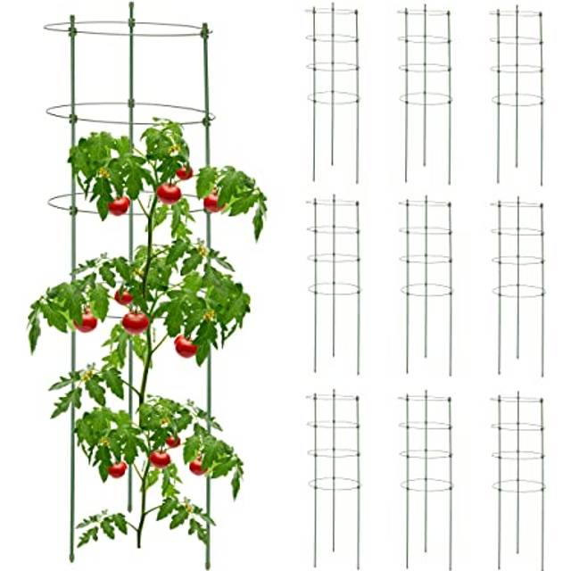 Relaxdays Växtstöd set om 10, metall och plast, 90 cm hög, 4 justerbara ringar, klättringsstöd, klätterväxter, grön