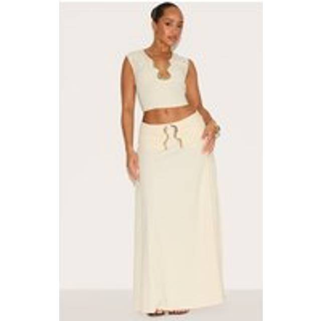 Shape Cream Linen Look Fold Gold Wave Trim Maxi Skirt, White - 20