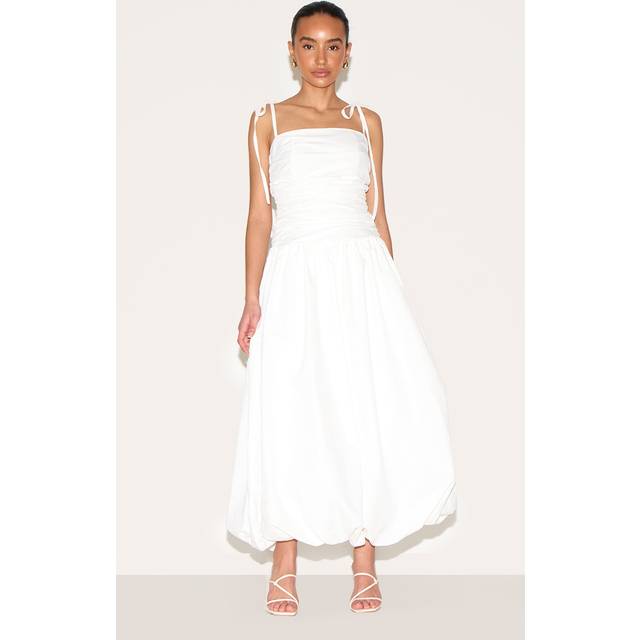 Petite White Spaghetti Strap Puff Midi Dress, White - 8