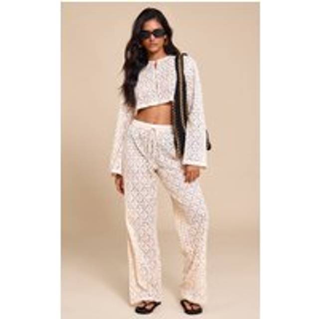 Cream Lace Straight Leg Trousers, White - 16