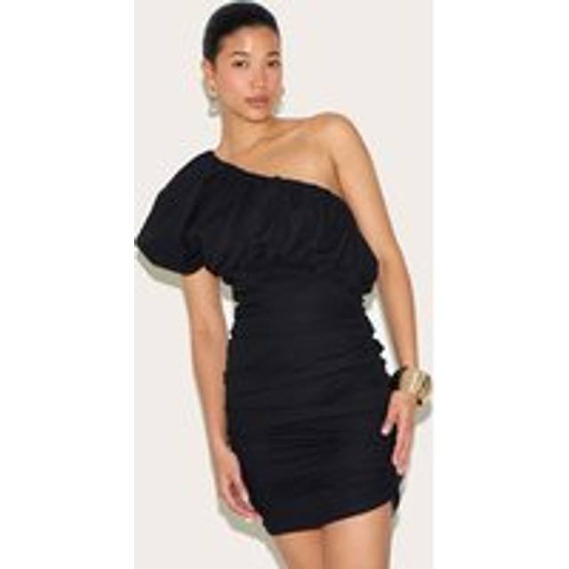 Black Linen-Blend One Shoulder Bodycon Dress, Black - 10