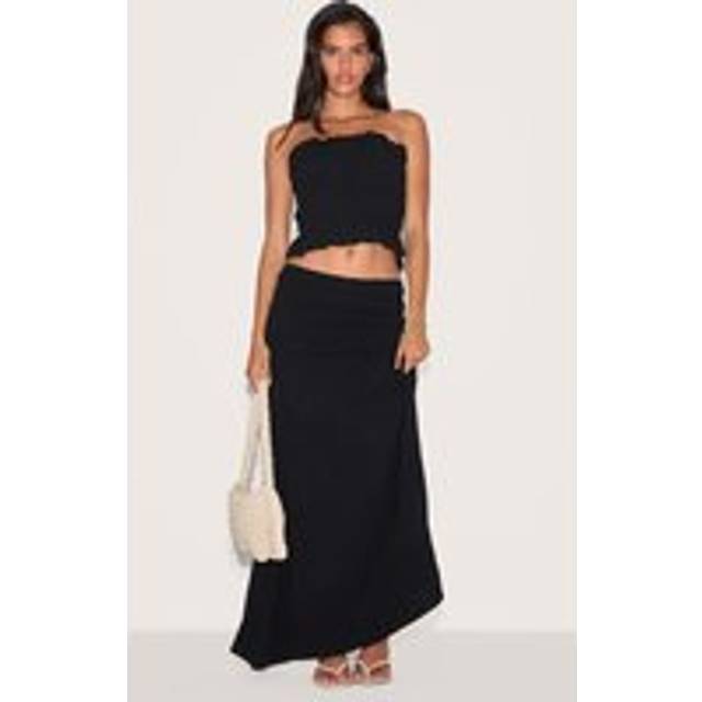 Black Shirred Linen Look Panel Mid Rise Maxi Skirt, Black - 6