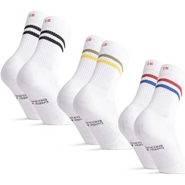 DANISH ENDURANCE Tennisstrumpor, randiga bomullsstrumpor, vita strumpor, för män och kvinnor, 3 -pack, Vit Flerfärgad (1x Gröna/Gula Ränder, 1x Röda/Blå Ränder, 1x Svarta Ränder), 39-42