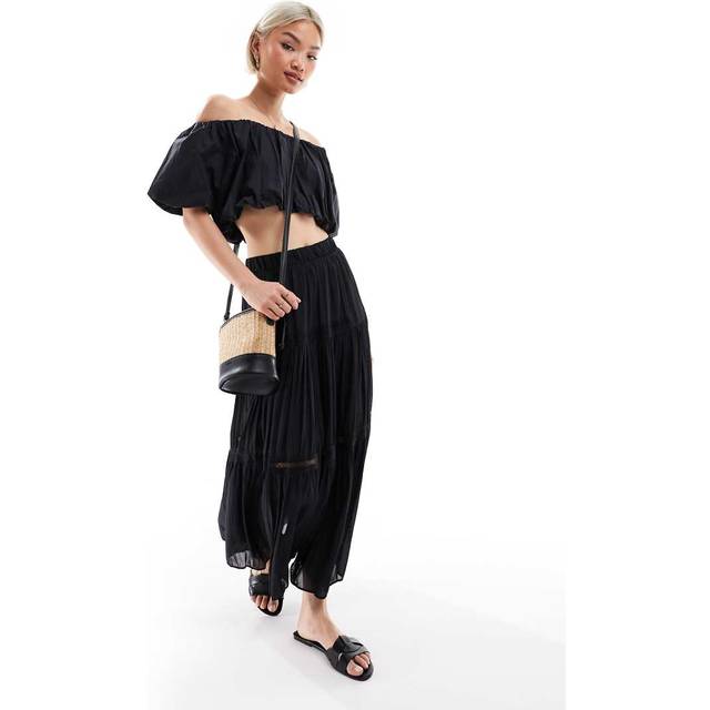 New Look Women's Black Lace Insert Chiffon Midi Skirt - UK 8
