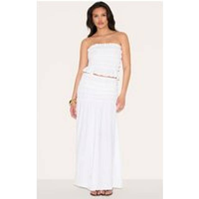 White Shirred Linen Look Panel Mid Rise Maxi Skirt, White - 10