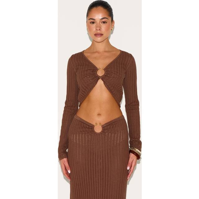 Mocha Pointelle Knit Trim Detail Long Sleeve Top, Brown
