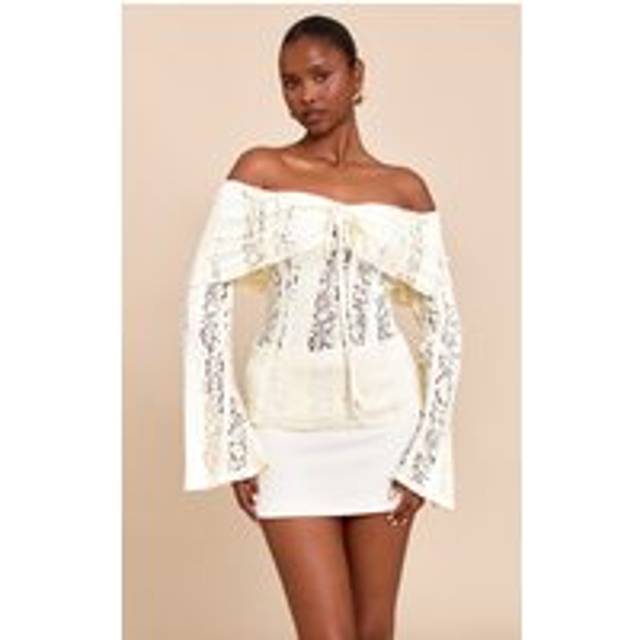 Lemon Fitted Lace Flared Sleeve Bardot Top, Lemon - 8