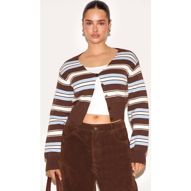 Shape Chocolate Knitted Stripped Button Front Cardigan, Chocolate - XS