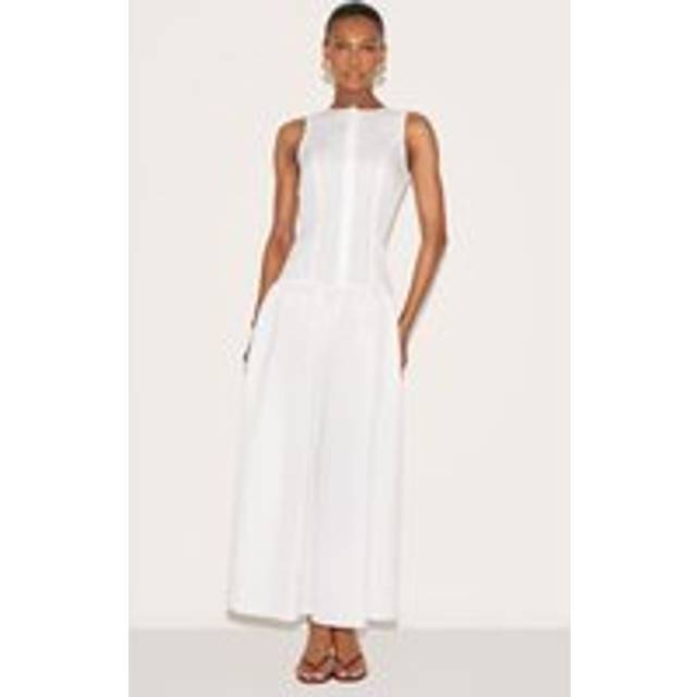 White Button Down Drop Waist Maxi Dress, White - 14