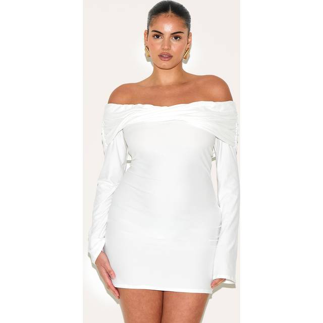 Plus White Soft Touch Twist Detail Bardot Bodycon Dress, White - 28