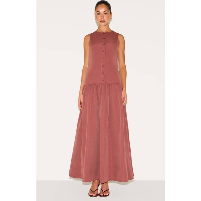 Rust Button Down Drop Waist Maxi Dress, Orange - 4