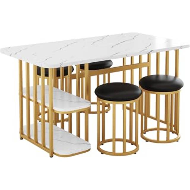 I0I&I0I Matbordsset med förvaringsutrymme, stålram, 4 stolar, modernt rektangulärt matbord 140 x 80 x 75 cm, robust, enkel installation, matrumsmöbler (vitt guld)
