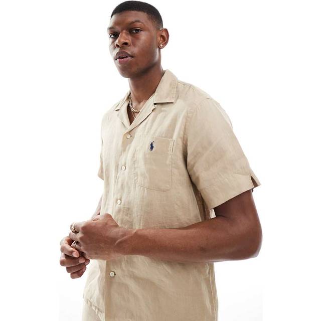 Polo Ralph Lauren – Beige linneskjorta i klassisk oversize modell med platt krage, korta ärmar och ikonlogga, del av set-Naturlig