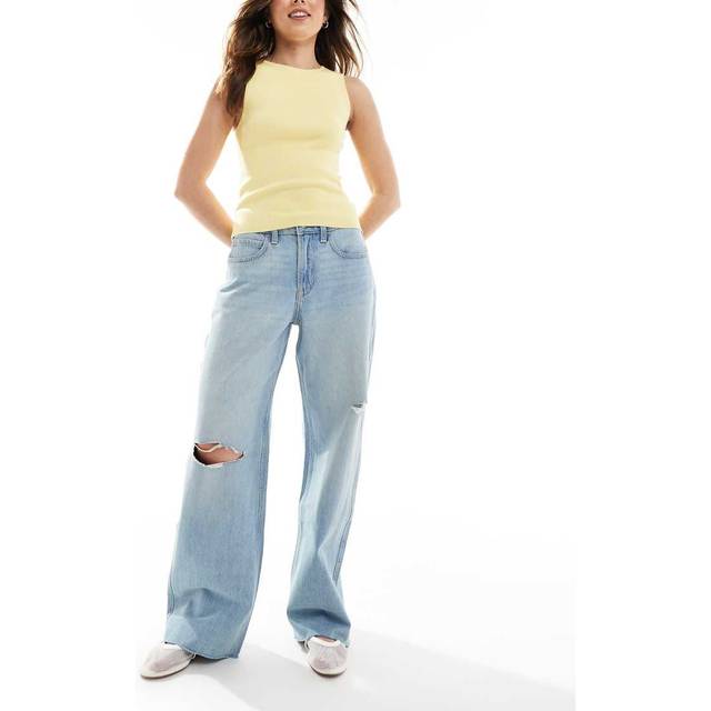 Hollister – Mellanblå, baggy, slitna jeans med hög midja