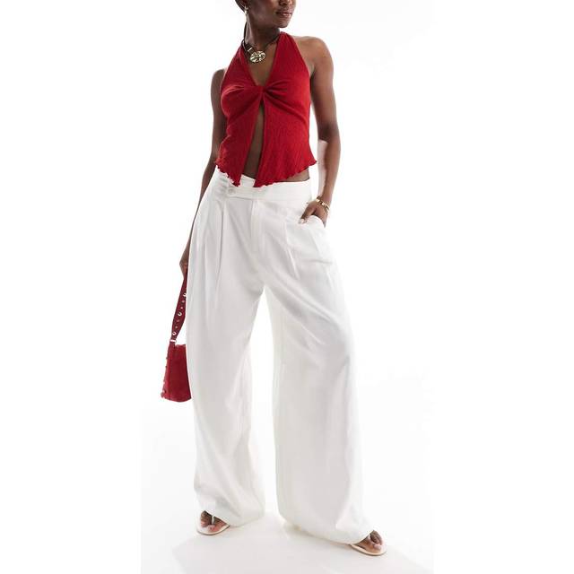 Stradivarius Flowing linen blend trousers with darts Ecru 16