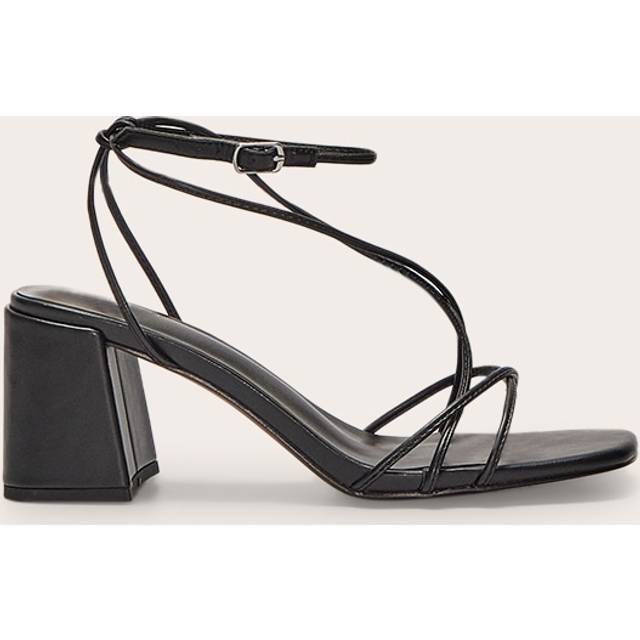 Black Pu Round Toe Strappy Mid Block Heel Sandals, Black - 4