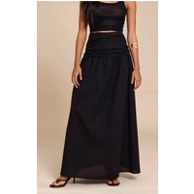 Black Cotton Ruched Waist Maxi Skirt, Black - 12