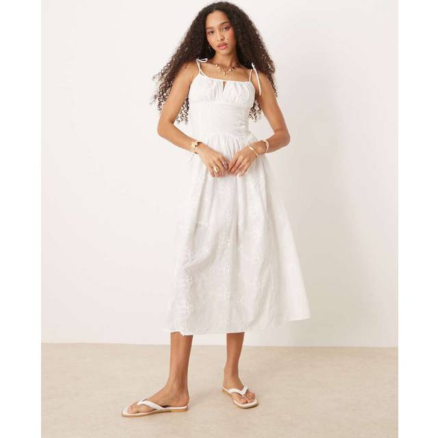 New Look Women's White Floral Embroidered Cotton Midi Dress - UK 10