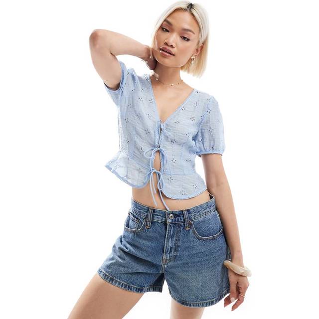 Stradivarius Flowing embroidered blouse with knots Sky blue XS