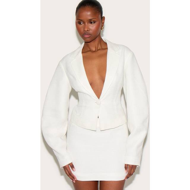 Cream Boucle Cinched Waist Blazer, White - 4