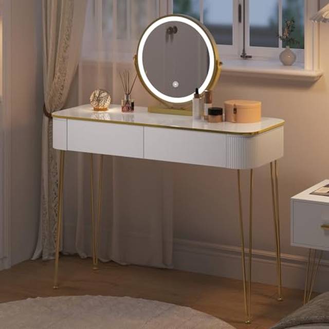 eSituro Sminkbord för kvinnor med justerbara LED-lampor i 3 nivåer, sminkstation med rund spegel och 2 lådor i massivt trä, vit guld, SDT0083