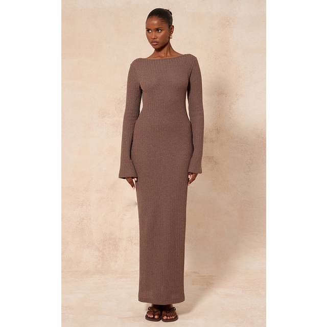 Taupe Textured Boat Neck Backless Long Sleeve Maxi Dress, Brown - 12