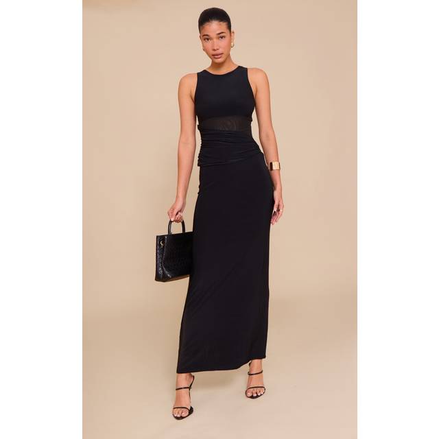 Black Slinky Mesh Cut Out Maxi Dress, Black - 10