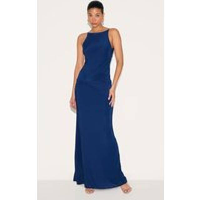 Navy Double Layer Slinky Twited Front Halter Neck Maxi Dress, Blue - 12