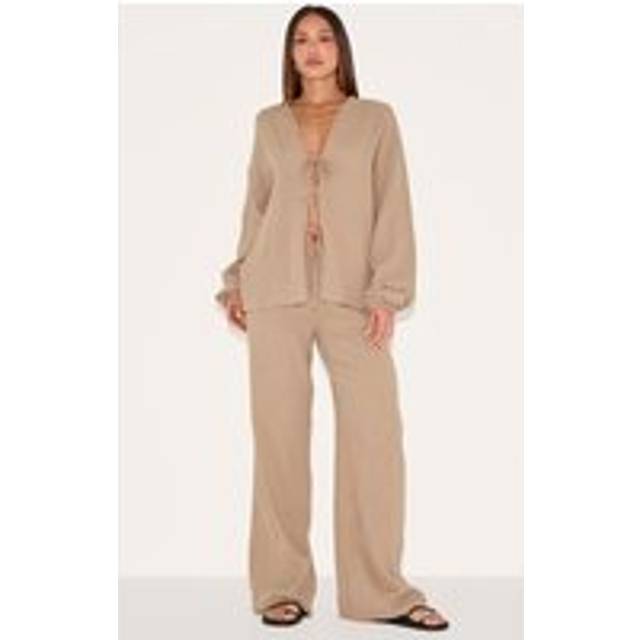 Tall Mushroom Textured Cheesecloth Wide Leg Trousers, Mushroom - 12