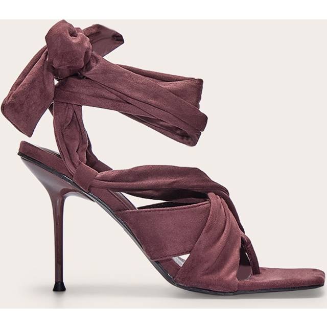 Chocolate Faux Suede Square Toe Thong Lace Up High Stiletto Heeled Sandals, Chocolate - 3